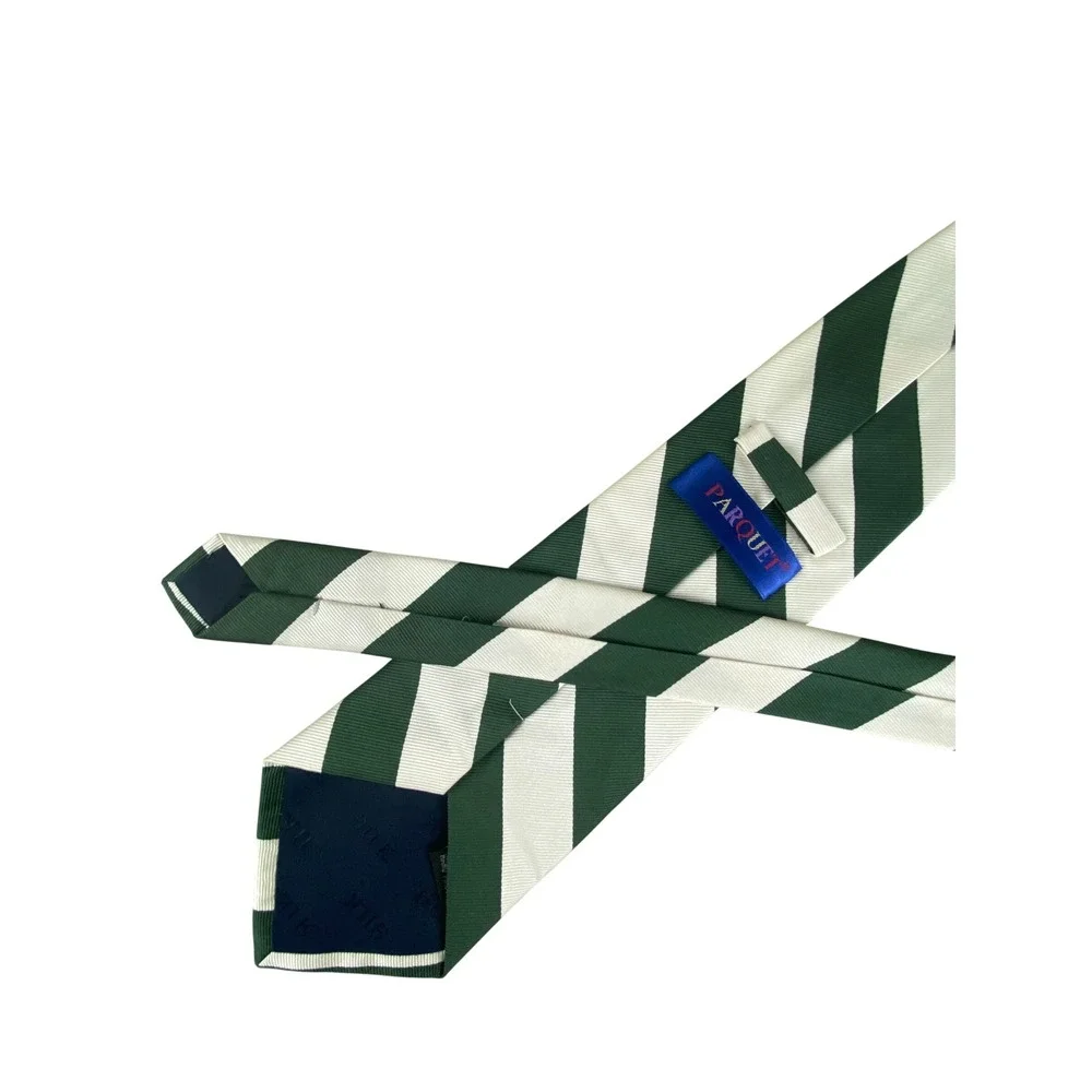 VTG Parquet Mens Silk Tie Forest Hunter Green Off White Repp Stripe Prep 58x4